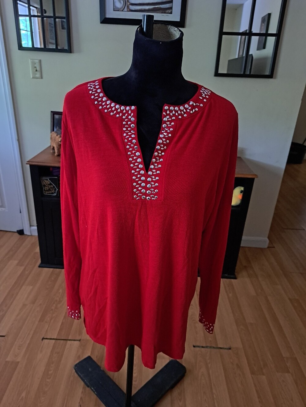 Belldini Red Silver Studded Rhinestone V Neck Knit Top Blouse Shirt Plus Size 1X
